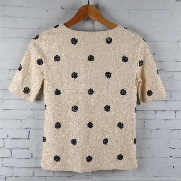 J CREW LIGHT PEACH WITH BLACK POLKA DOTS SHORT SLEEVE SEQUIN TOP SIZE XXS - Picture 10 of 11